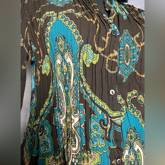 Brown and blue paisley pleated blouse with butterfly sleeves size medium - Picture 3 of 6